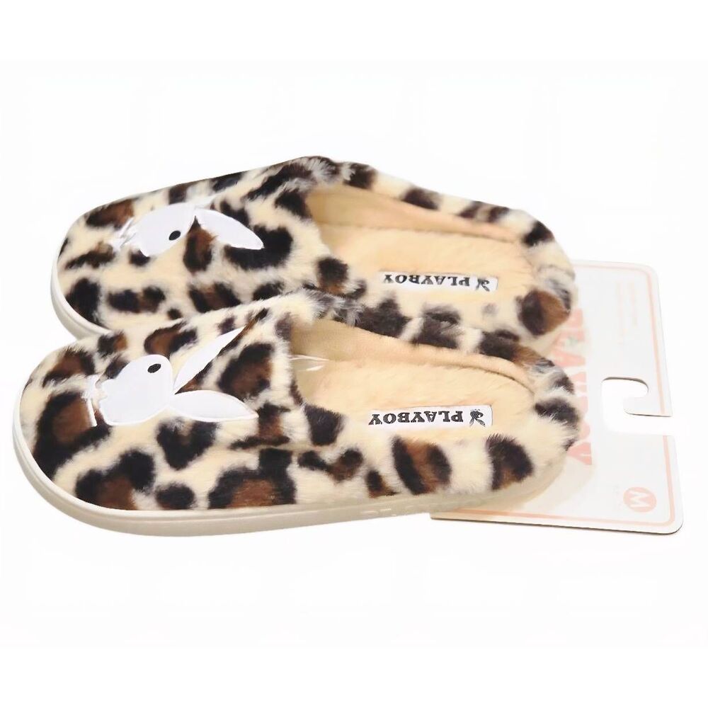 Playboy Leopord Print Bunny Logo Indoor/Outdoor Memory Foam Slippers